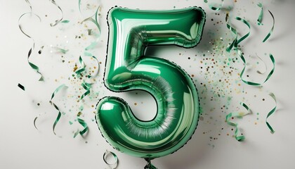 Green birthday / anniversary balloon, number 5, confetti decoration on white background