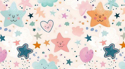 Canvas Print - A whimsical pattern featuring soft pastel colors like pink, lavender, and mint, with playful shapes like stars, hearts, and clouds on a light background. Delicate hues, dreamy and light, hd quality,