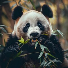 Canvas Print - Close up of a Panda Chewing Bamboo in a Vibrant Forest Environment