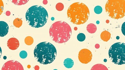 Wall Mural - An artistic design with bold polka dots in shades of pink, orange, and teal on a cream background, creating a lively retro pattern. Bright colors, high contrast, hd quality, fun and stylish.