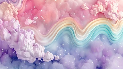 Canvas Print - An artistic pattern with pastel rainbows, clouds, and stars in shades of pink, lavender, and mint, creating a whimsical and dreamy scene. Soft colors, fluid shapes, hd quality, playful and light.