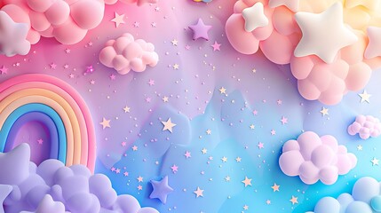 Sticker - An artistic pattern with pastel rainbows, clouds, and stars in shades of pink, lavender, and mint, creating a whimsical and dreamy scene. Soft colors, fluid shapes, hd quality, playful and light.