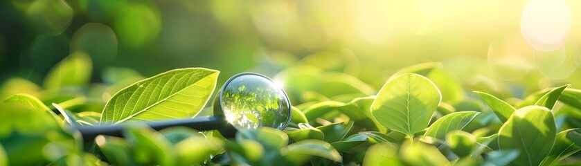 Canvas Print - Magnifying Glass on Green Leaves with Sunlight.