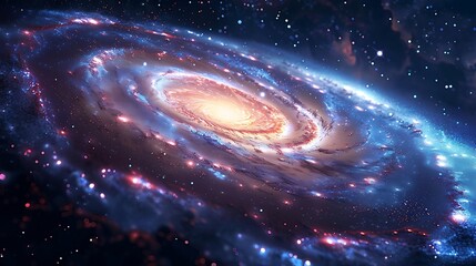 Wall Mural - An illustration of a galaxy with spiraling arms, glowing stars, and colorful nebulae in the background, set against the infinite darkness of space. Detailed, high contrast, hd quality, cosmic beauty.