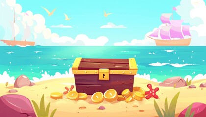 Tropical treasure hidden riches on a deserted island. Island paradise with a hidden treasure. Cartoon illustration background.