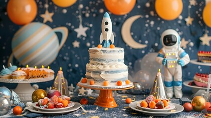 Wall Mural - galactic space birthday party with rocket shaped cake and astronaut costumes