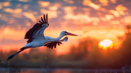 Sticker - Graceful Stork in Vibrant Sunset Flight Over Serene Wetland Habitat