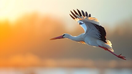 Sticker - Graceful Stork Soaring Through Vibrant Wetland Landscape