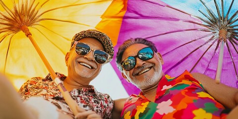 Golden Years, Poolside Bliss: A radiant senior enjoys a sunny day, his smile as bright as the azure water, embodying the joy of retirement living.The LGBTQ+ elder Enjoying a vacation.