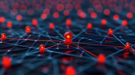 Poster - Abstract digital network with red nodes connected by dark lines, representing technology and connectivity in a vibrant, modern style.