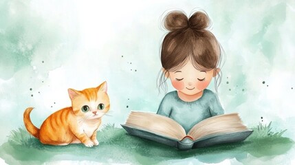 Watercolor illustration of a young girl reading a book beside an orange cat on a soft green background.