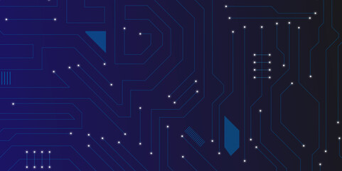 Leinwandbilder - Glowing light blue neon AI chip with thin circuit contact lines. Technology lines circuit and dots on blue background, circuit board network connection.