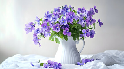 Spring bouquet of sweet violet flowers in vase on white background Studio photo of decorative still life with purple and blue flowers in a jug