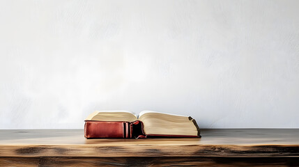 Bible on wooden table with white wall background