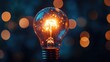© savittree - A bright light bulb illuminates the center of a dark blue background, surrounded by soft orange bokeh.
