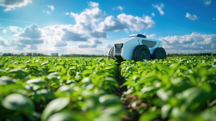 An autonomous farm robot is navigating through a field of crops under a blue sky with scattered clouds, illustrating modern agricultural technology in use.