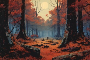 Wall Mural - Autumn forest landscape outdoors nature.