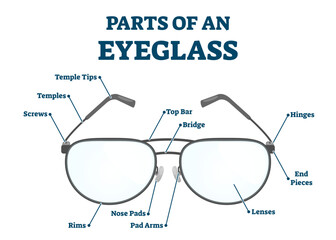 Parts of eyeglass with structural detailed labeled scheme illustration, transparent background. Educational vision correction glasses description for optometry or ophthalmology study.