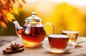 Glass teapot and two glass cups with tea on saucers on a linen tablecloth against the background of autumn trees, warming hot drink