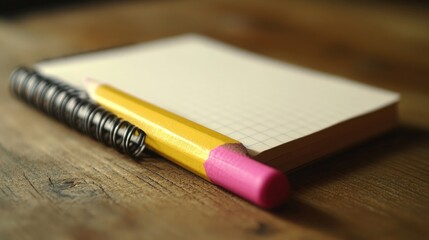 Poster - A classic yellow pencil with a pink eraser, resting beside a spiral notebook on a wooden surface,