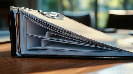 Poster - A close-up of an open binder with dividers and neatly organized papers inside, placed on a wooden table,