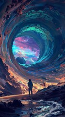 Futuristic vortex tunnel scene abstract illustration poster background