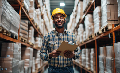 Smiling warehouse worker wearing a hard hat and holding a clipboard.