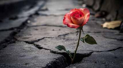 Poster -  a rose blooming from crack in a grey concrete pavement