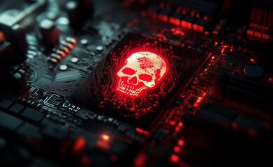 Wall Mural - Red skull symbol glowing on a dark computer motherboard, representing cybersecurity threat.