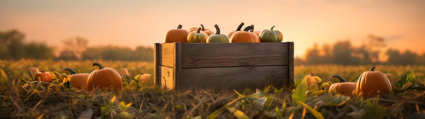 Wall Mural - Orange pumpkins harvested in a wooden box with field and sunset in the background. Natural organic fruit abundance. Agriculture, healthy and natural food concept. Horizontal composition.