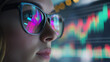© Curioso.Photography - Close-up of a woman's face with stock market data reflecting in her glasses.
