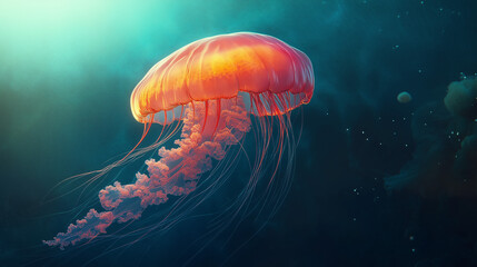 Wall Mural - Beautiful colorful jellyfish in the water. Close up in a blurred background