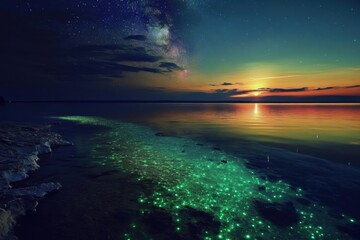 Bioluminescent algae lights up a serene lake reflecting a moonlit sky with dazzling colors and calm waters