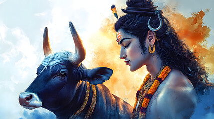 Wall Mural - Beautiful digital painting of lord Shiva with Nandi the bull, perfect for home decor and gifts