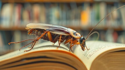 Wall Mural - A cockroach on a book in a study room, emphasizing the pest's ability to invade various parts of a home, raising awareness about pest control