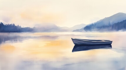 serene depiction of a lone boat floating on a calm lake, soft watercolor painting of a tranquil land