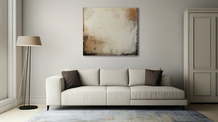 Wall Mural - Modern Sofa in the Center of a Room with a Plain Wall Featuring a Small Abstract Painting, Lamp on the Left, and Cabinet on the Right