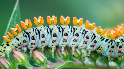 Wall Mural - A caterpillar on a milkweed plant, showcasing the specific plants they feed on during their larval stage