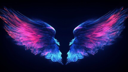 Poster - The neon angel wings on the uv geometric background are a futuristic cyberspace concept in pink and blue colors