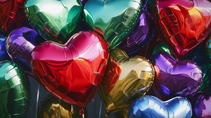 Colorful heart-shaped balloons reflecting light.
