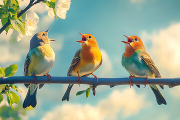 Wall Mural - Three Birds Singing Songs sitting on the brunch. Spring time