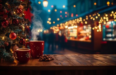 A cozy Christmas market stall offering steaming hot coffee, festive sweets, and holiday decorations