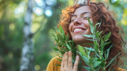 A woman is smiling and holding a leafy green plant. Concept of happiness and relaxation, as the woman is surrounded by nature and enjoying the fresh air