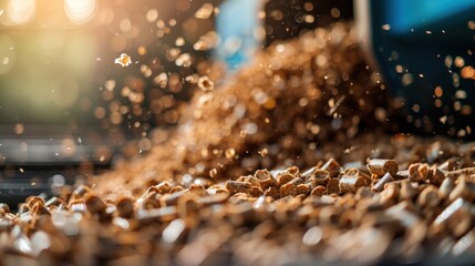 Large amounts of wood pellets are seen being processed in an industrial setting, captured in vibrant motion to illustrate the scale and dynamics of energy production.