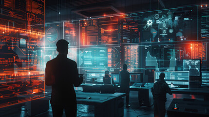 Poster - a simulated data breach scenario with visual elements like breach notifications, compromised data alerts, and response actions by cybersecurity teams. digital data protection cyber tech