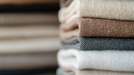 A selection of variously toned folded fabrics neatly stacked on shelves, illustrating an orderly and aesthetically pleasing arrangement perfect for a retail display.