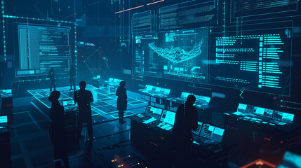 Poster - a simulated data breach scenario with visual elements like breach notifications, compromised data alerts, and response actions by cybersecurity teams. digital data protection cyber tech