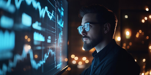 Businessman Analyzing Market Trends: Depicts a professional evaluating graphs and charts to make informed business decisions, emphasizing strategic planning and market analysis