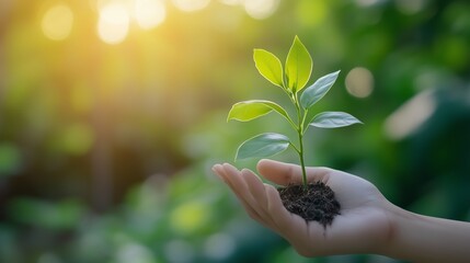 Wall Mural - A person holds a small green plant in soil, symbolizing growth and environmental care during a warm sunny afternoon