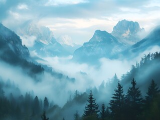 Wall Mural - Majestic fog-covered mountains with dense forests at dawn in the Dolomites, Italy